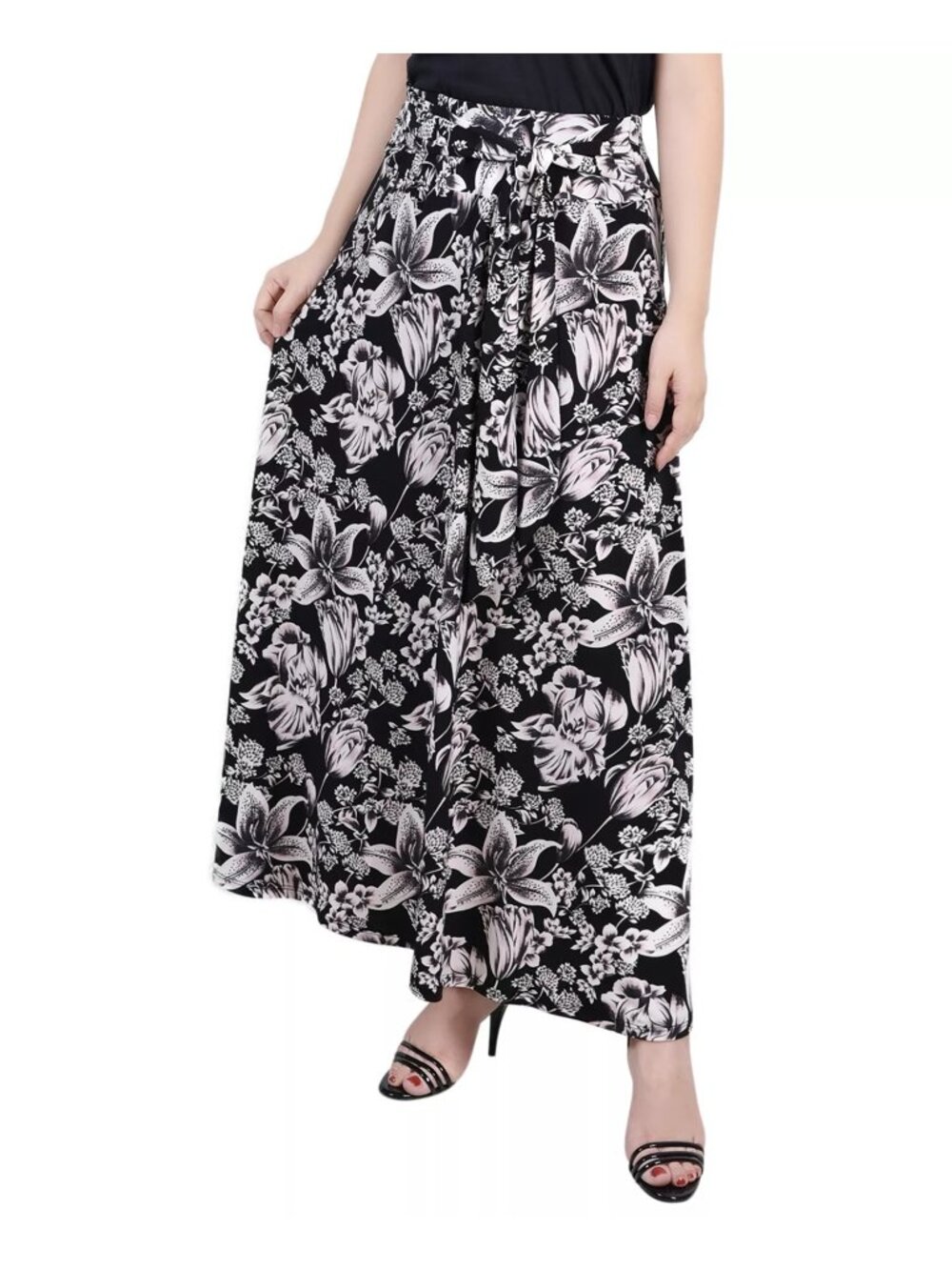 Ny Collection Petite Printed Maxi Skirt Sash Waist Tie Black White Size PXL NWT